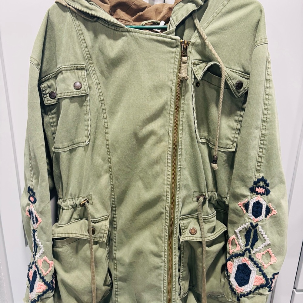 Free People Embroidered Army Green Hooded Tribal Embroidered Twill Parka Large - Picture 11 of 12